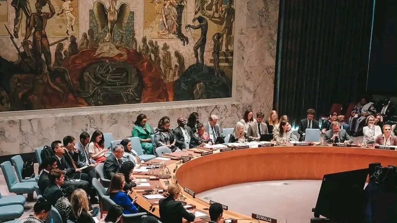 Séance du Conseil de sécurité des Nations unies à New York : la délégation congolaise occupe le siège de la présidence, entourée des plaques Danemark, France, Grèce, Somalie et Fédération de Russie, devant la fresque murale de la salle.