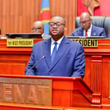 Le ministre congolais des Finances Doudou Fwamba, en costume bleu, s'exprime debout au pupitre marqué « République démocratique du Congo ,  Sénat », devant les membres du bureau assis à la tribune.