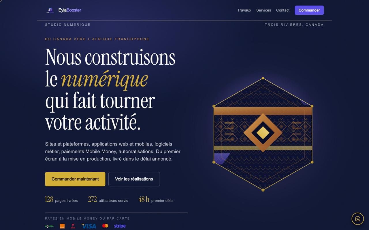 Page d'accueil du studio Eyla Booster : titre en serif sur fond bleu nuit, composition géométrique aux motifs kuba, et logos des moyens de paiement Mobile Money et carte.